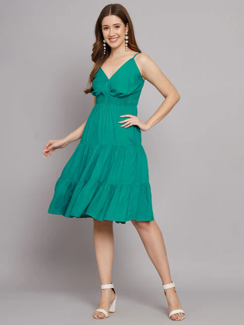 Rama Green Shoulder Straps V-Neck One Piece 3 Tier Dress