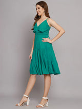 Rama Green Shoulder Straps V-Neck One Piece 3 Tier Dress