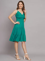 Rama Green Shoulder Straps V-Neck One Piece 3 Tier Dress