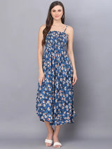 Blue Flower Printed Shoulder Straps Long Bobbin Elastic Gown