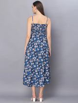 Blue Flower Printed Shoulder Straps Long Bobbin Elastic Gown