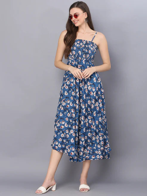 Blue Flower Printed Shoulder Straps Long Bobbin Elastic Gown