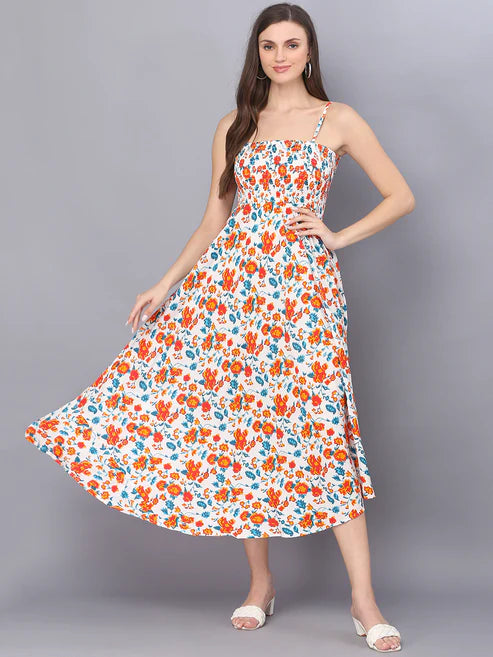 White Flower Printed Shoulder Straps Long Gown