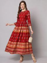 Maroon Designer Foil Printed Round Neck Anarkali Kurta