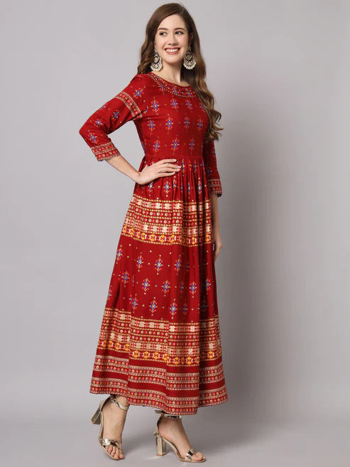 Maroon Designer Foil Printed Round Neck Anarkali Kurta