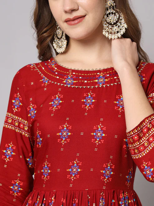 Maroon Designer Foil Printed Round Neck Anarkali Kurta