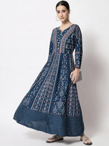 Blue Designer Foil Printed Round Neck Anarkali Kurta