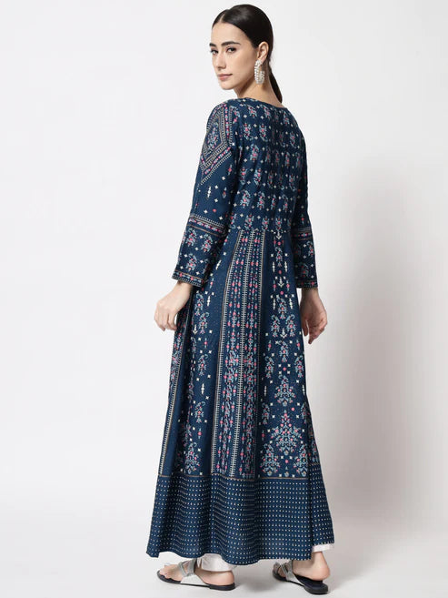 Blue Designer Foil Printed Round Neck Anarkali Kurta