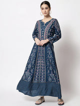 Blue Designer Foil Printed Round Neck Anarkali Kurta