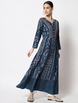 Blue Designer Foil Printed Round Neck Anarkali Kurta