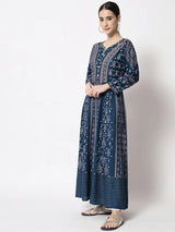 Blue Designer Foil Printed Round Neck Anarkali Kurta