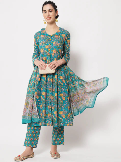 Teal Green A-Line Kurta with Pant & matching Dupatta