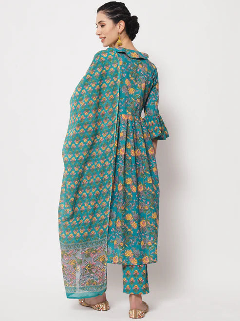 Teal Green A-Line Kurta with Pant & matching Dupatta