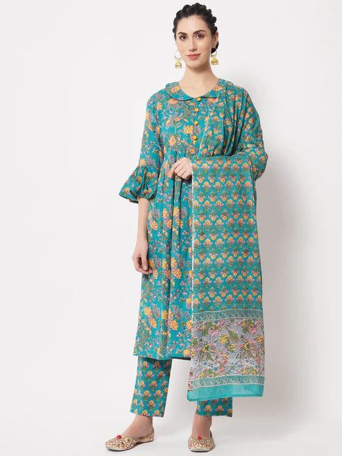 Teal Green A-Line Kurta with Pant & matching Dupatta