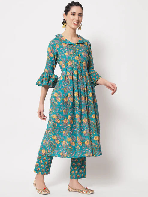 Teal Green A-Line Kurta with Pant & matching Dupatta