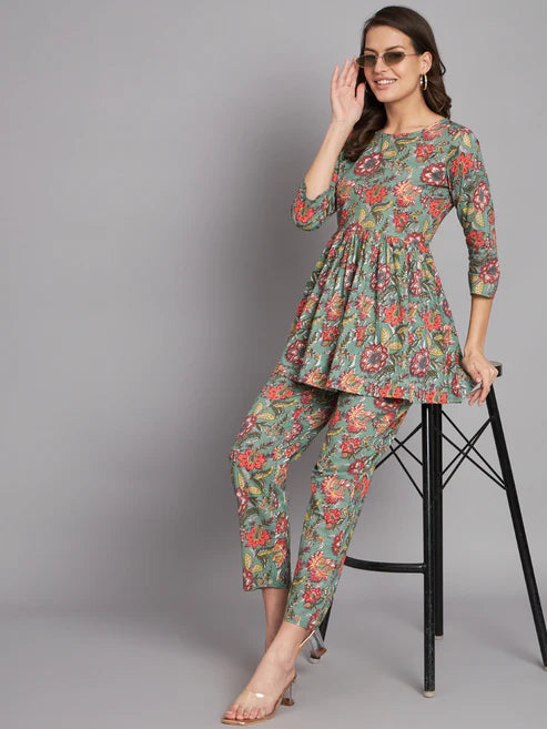 Olive Green Flower Printed Pure Cotton Co-Ord Set