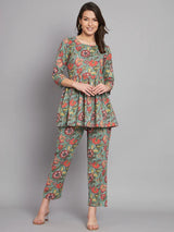 Olive Green Flower Printed Pure Cotton Co-Ord Set