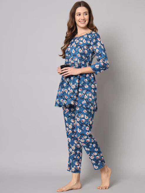 Blue Flower Printed Soft Rayon Co-Ord Set