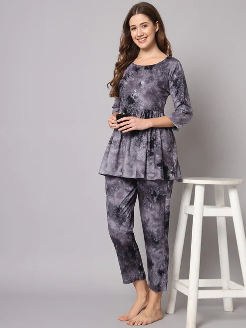 Grey Black Tie Dye Printed Rayon Co-Ord Set