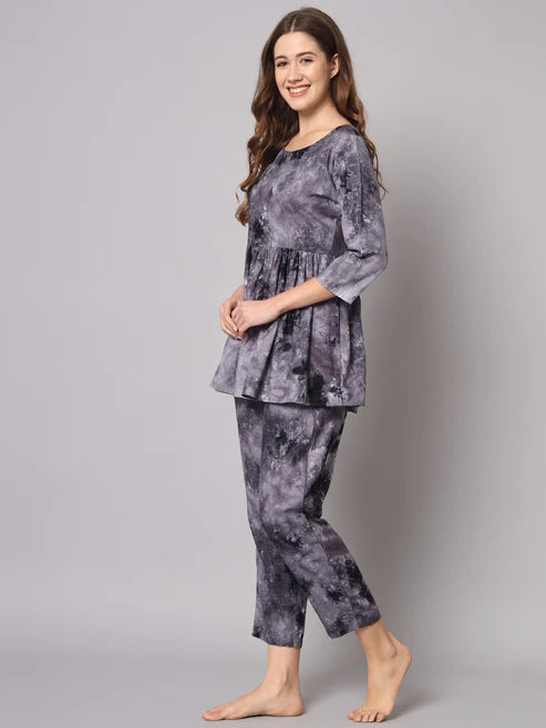 Grey Black Tie Dye Printed Rayon Co-Ord Set