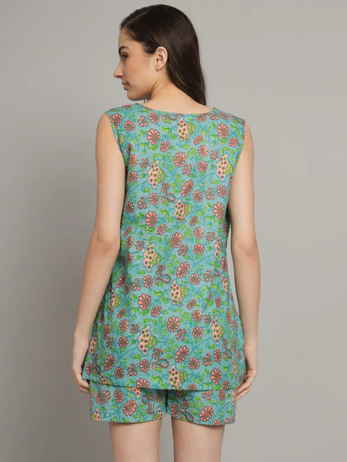 Green Flower Printed Cotton Co-Ord Set