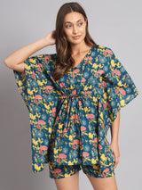 Teal Blue Flower Printed Kaftan with Shorts