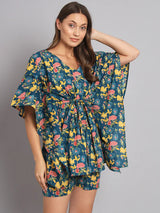 Teal Blue Flower Printed Kaftan with Shorts