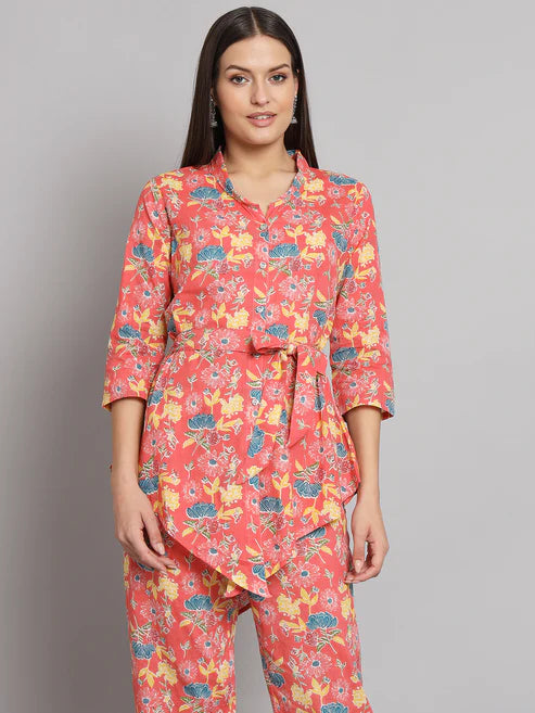 Peach Floral Printed Cotton Co-Ord Set