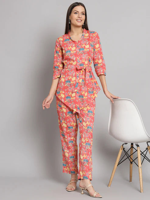 Peach Floral Printed Cotton Co-Ord Set