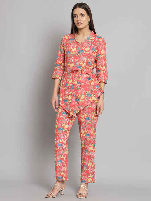 Peach Floral Printed Cotton Co-Ord Set