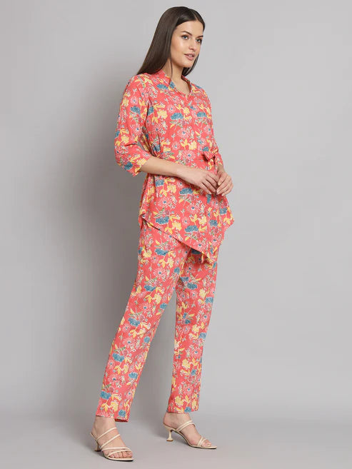 Peach Floral Printed Cotton Co-Ord Set