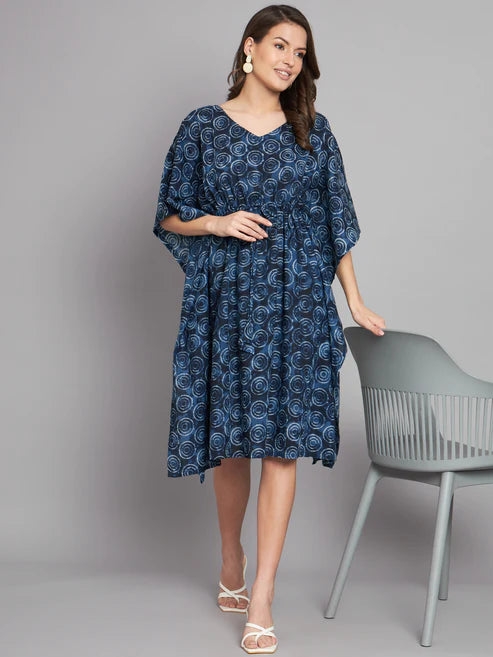 Indigo Geometric Printed Cotton Knee Length Kaftan