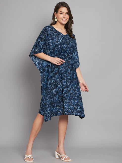 Indigo Geometric Printed Cotton Knee Length Kaftan