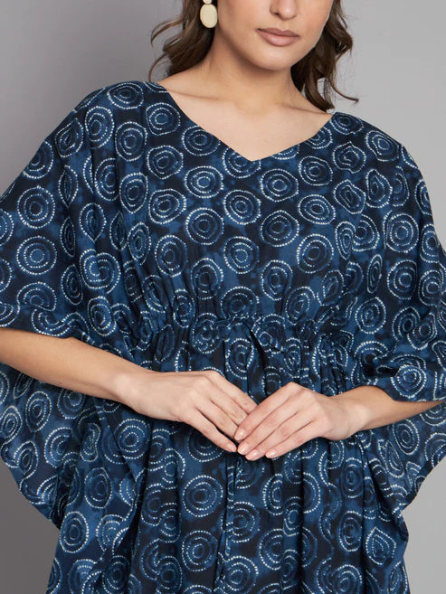 Indigo Geometric Printed Cotton Knee Length Kaftan