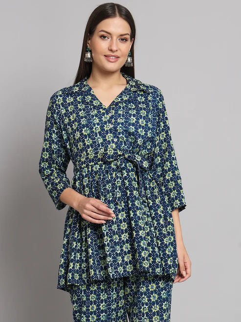 Navy Blue Floral Printed Box Pleated Co-Ord Set