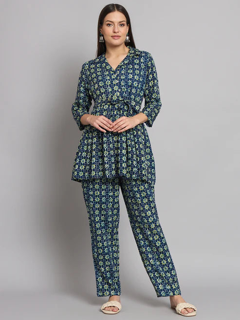 Navy Blue Floral Printed Box Pleated Co-Ord Set