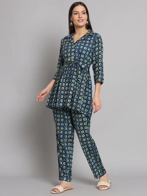 Navy Blue Floral Printed Box Pleated Co-Ord Set