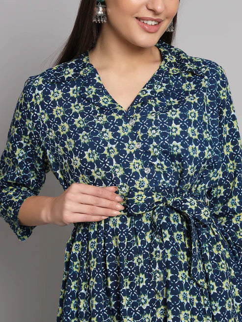 Navy Blue Floral Printed Box Pleated Co-Ord Set