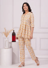 Golden Floral Printed Box Pleated Co-Ord Set