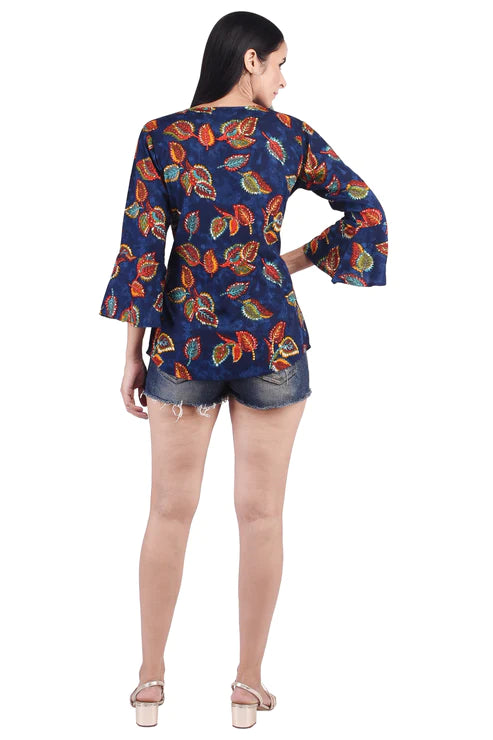 Casual 3/4th Sleeves Blue Flower Printed Top