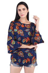 Casual 3/4th Sleeves Blue Flower Printed Top