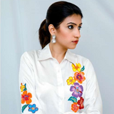 Crop satin shirt with floral painting on one side and an added highlight of hand embroidery